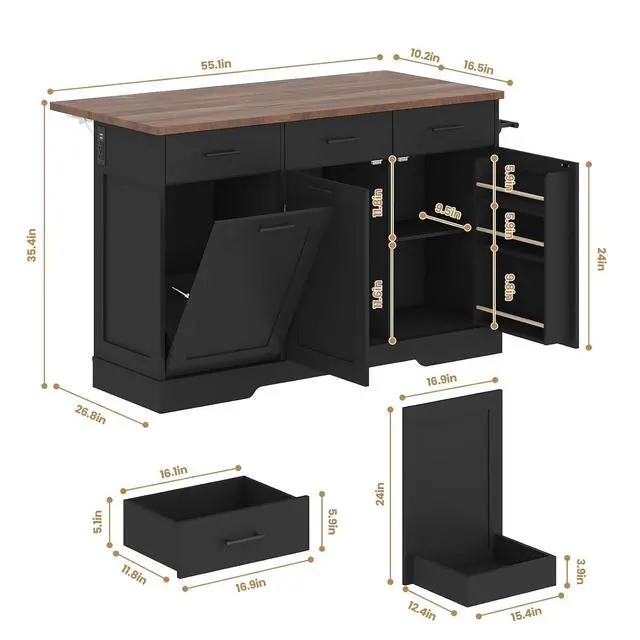Alt view image 2 of 7 - 55" Drop Leaf Kitchen Island Table with Power Outlet, Large Stationary Breakfast Bar with Storage Drawers, Trash Cabinet, Adjustable Shelves, Towel Rod & Spice Rack (Black & Walnut)