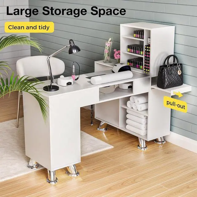 Alt view image 3 of 7 - Manicure Table Nail Station w/Dust Collector - L-Shaped Nail Tech Table with Shelves, Storage Cabinets, Drawers, Metal Handles & Legs, Salon Wrist Rest, Beauty Salon Workstation Decor (White)