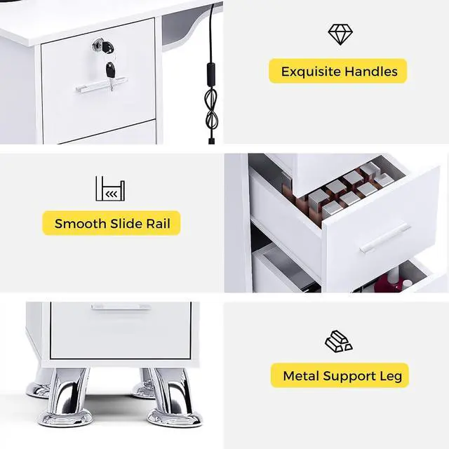 Alt view image 7 of 7 - Manicure Table Nail Station w/Dust Collector - L-Shaped Nail Tech Table with Shelves, Storage Cabinets, Drawers, Metal Handles & Legs, Salon Wrist Rest, Beauty Salon Workstation Decor (White)