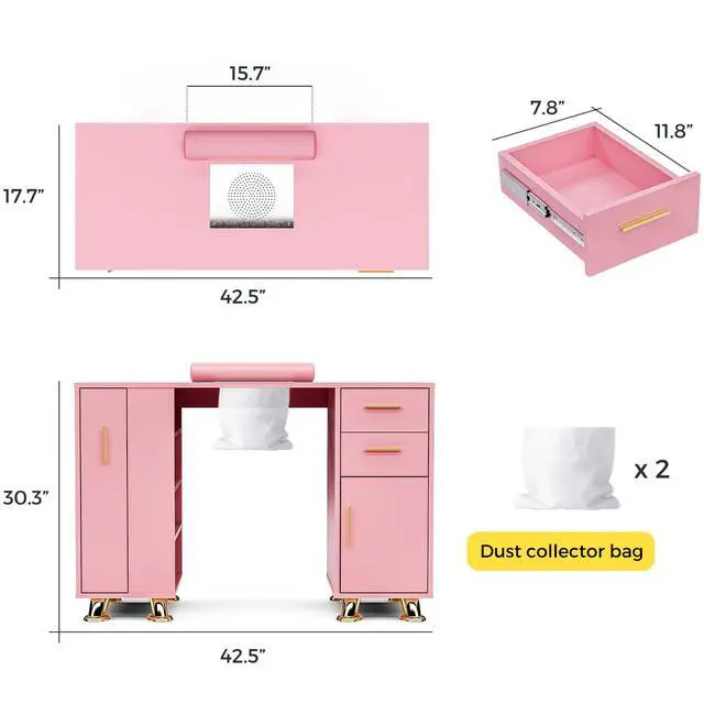 Alt view image 2 of 7 - Manicure Table Nail Desk with Dust Collector, Professional Nail Station with Storage, Drawers, Cabinets, Shelves, Wrist Rest & 4 Dust Bags, Nail Workstation for Beauty, Salon & Home, Pink