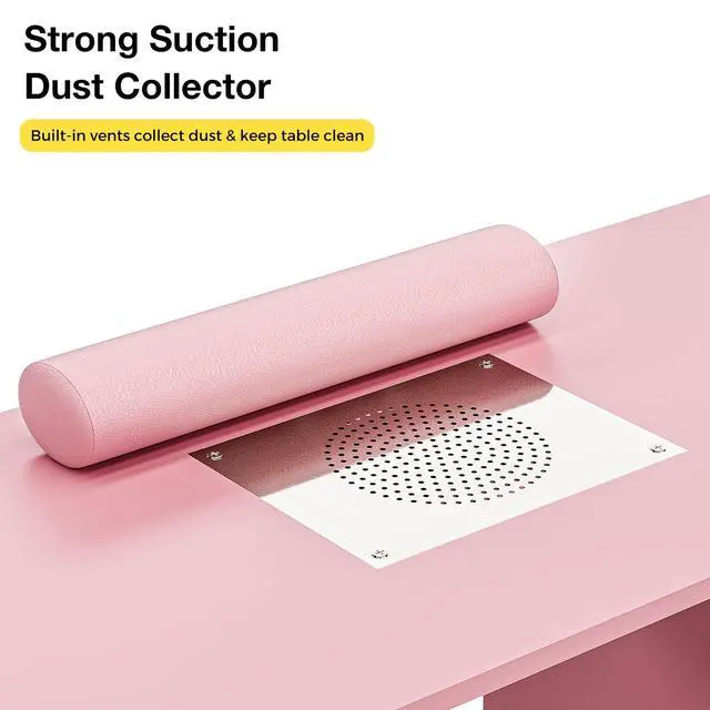 Alt view image 3 of 7 - Manicure Table Nail Desk with Dust Collector, Professional Nail Station with Storage, Drawers, Cabinets, Shelves, Wrist Rest & 4 Dust Bags, Nail Workstation for Beauty, Salon & Home, Pink