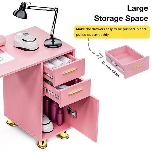 Alt view image 4 of 7 - Manicure Table Nail Desk with Dust Collector, Professional Nail Station with Storage, Drawers, Cabinets, Shelves, Wrist Rest & 4 Dust Bags, Nail Workstation for Beauty, Salon & Home, Pink