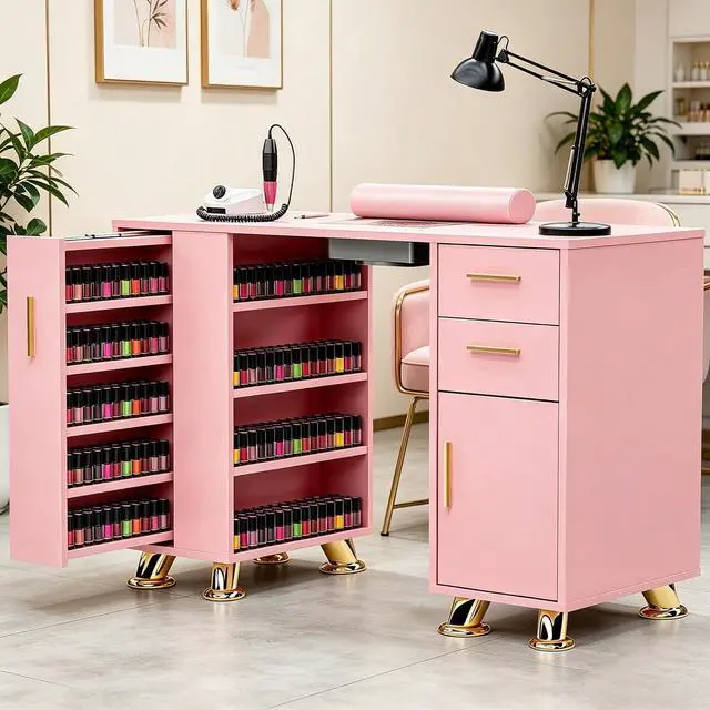 Main image of Manicure Table Nail Desk with Dust Collector, Professional Nail Station with Storage, Drawers, Cabinets, Shelves, Wrist Rest & 4 Dust Bags, Nail Workstation for Beauty, Salon & Home, Pink