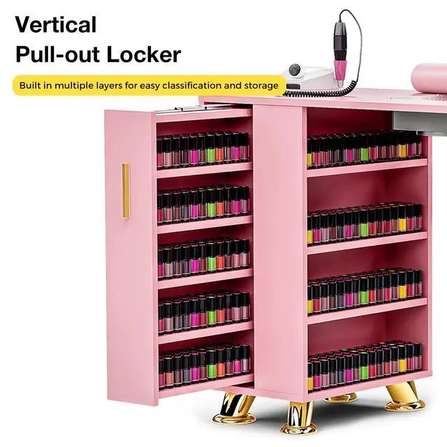 Alt view image 5 of 7 - Manicure Table Nail Desk with Dust Collector, Professional Nail Station with Storage, Drawers, Cabinets, Shelves, Wrist Rest & 4 Dust Bags, Nail Workstation for Beauty, Salon & Home, Pink