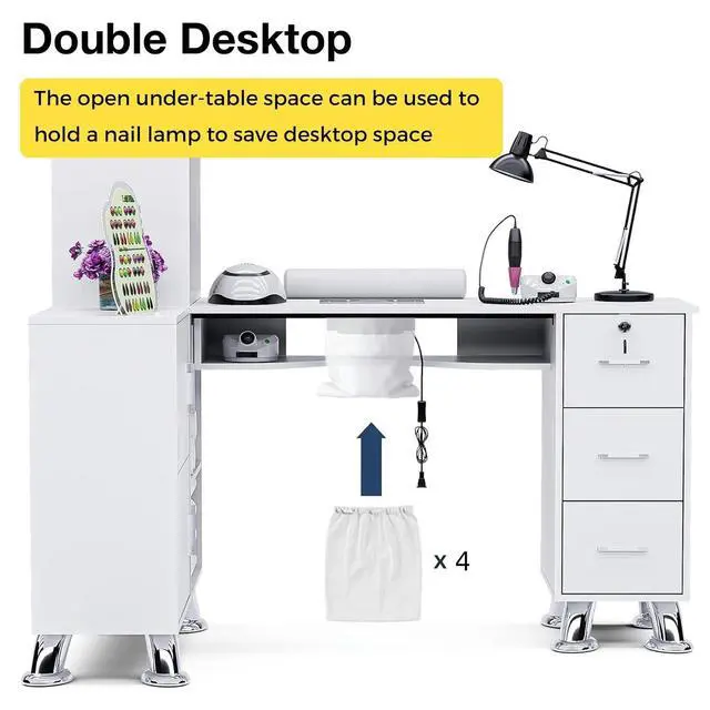 Alt view image 4 of 7 - Manicure Table Nail Station w/Dust Collector - L-Shaped Nail Tech Table with Shelves, Storage Cabinets, Drawers, Metal Handles & Legs, Salon Wrist Rest, Beauty Salon Workstation Decor (White)