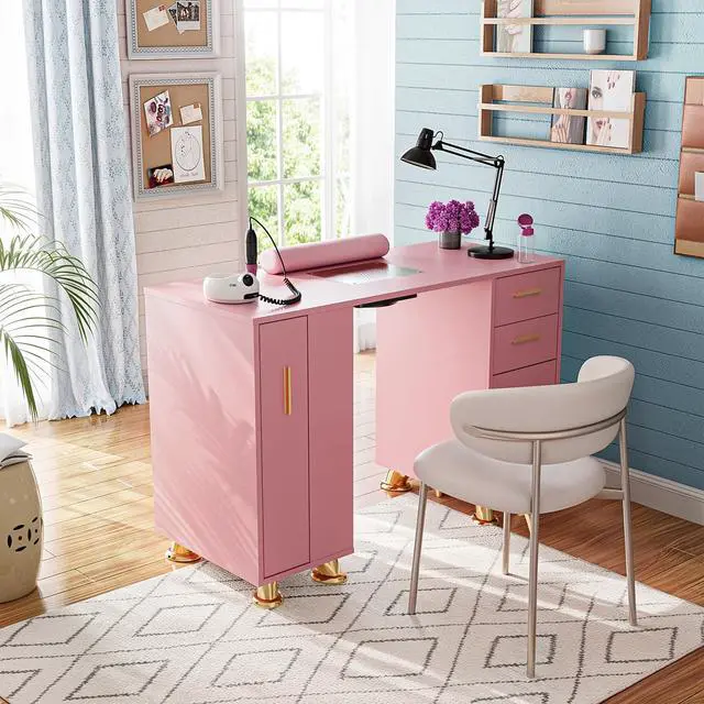 Alt view image 7 of 7 - Manicure Table Nail Desk with Dust Collector, Professional Nail Station with Storage, Drawers, Cabinets, Shelves, Wrist Rest & 4 Dust Bags, Nail Workstation for Beauty, Salon & Home, Pink