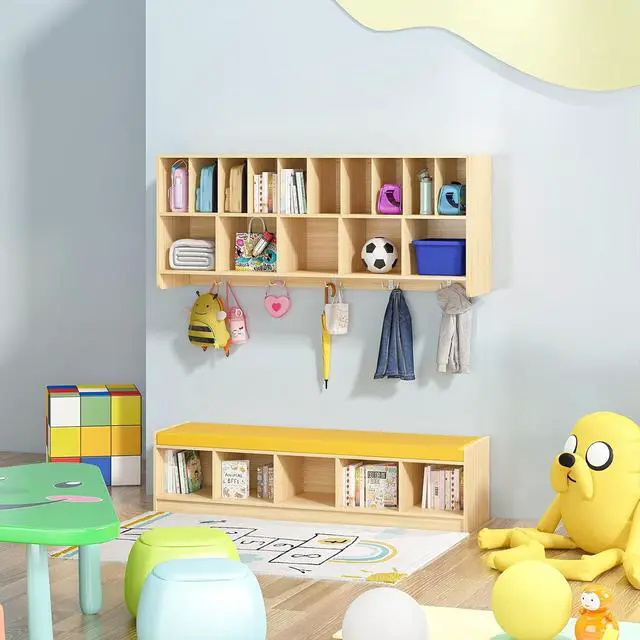 Alt view image 4 of 7 - Wall Diaper Organizer for Daycares with Cubby Bench, Wooden Diaper Shelf with 5 Cubbies and 10 Small Storage, Daycare Cubbies for Nursery, Home, School