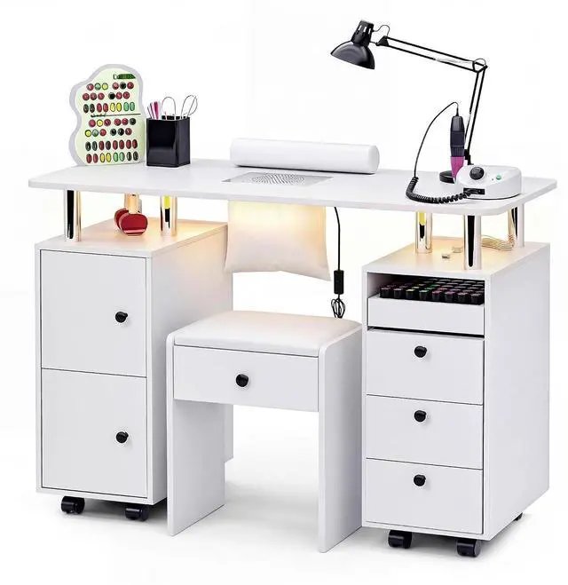 Main image of Nail Desk & Storage Stool Set for Nail Tech, Manicure Table w/Electric Dust Collector, LED Lights, Rolling Wheels, Hidden Storage Seat, Acetone Resistant, Professional Salon Workstation (White)