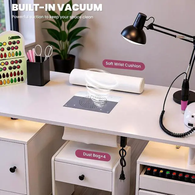 Alt view image 2 of 7 - Nail Desk & Storage Stool Set for Nail Tech, Manicure Table w/Electric Dust Collector, LED Lights, Rolling Wheels, Hidden Storage Seat, Acetone Resistant, Professional Salon Workstation (White)