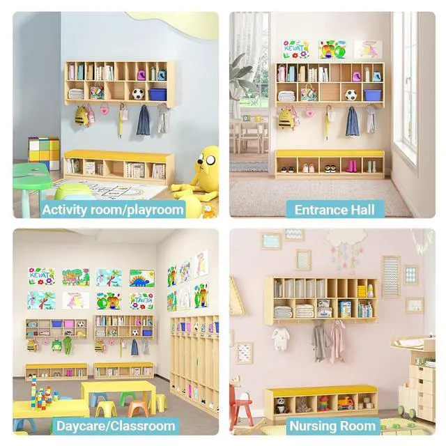 Alt view image 7 of 7 - Wall Diaper Organizer for Daycares with Cubby Bench, Wooden Diaper Shelf with 5 Cubbies and 10 Small Storage, Daycare Cubbies for Nursery, Home, School