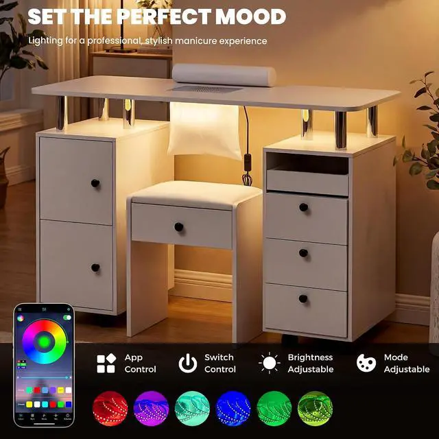 Alt view image 3 of 7 - Nail Desk & Storage Stool Set for Nail Tech, Manicure Table w/Electric Dust Collector, LED Lights, Rolling Wheels, Hidden Storage Seat, Acetone Resistant, Professional Salon Workstation (White)