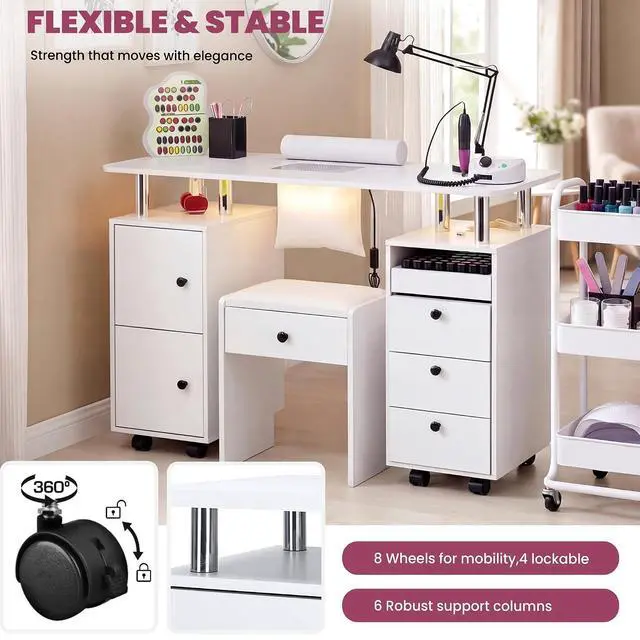 Alt view image 6 of 7 - Nail Desk & Storage Stool Set for Nail Tech, Manicure Table w/Electric Dust Collector, LED Lights, Rolling Wheels, Hidden Storage Seat, Acetone Resistant, Professional Salon Workstation (White)