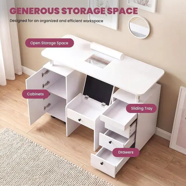 Alt view image 5 of 7 - Nail Desk & Storage Stool Set for Nail Tech, Manicure Table w/Electric Dust Collector, LED Lights, Rolling Wheels, Hidden Storage Seat, Acetone Resistant, Professional Salon Workstation (White)