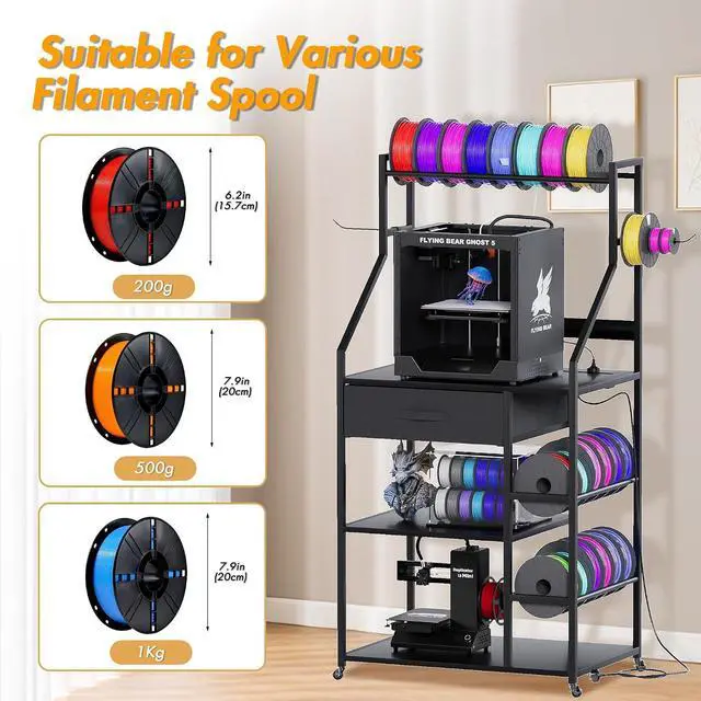 Alt view image 5 of 7 - 4-Tier 3D Printer Stand with Filament Storage, 3D Printer Rack with Drawer and Outlet, Heavy Duty Metal Frame 3D Printer Table with Locking Wheel for Home Office Studio Garage (Black)