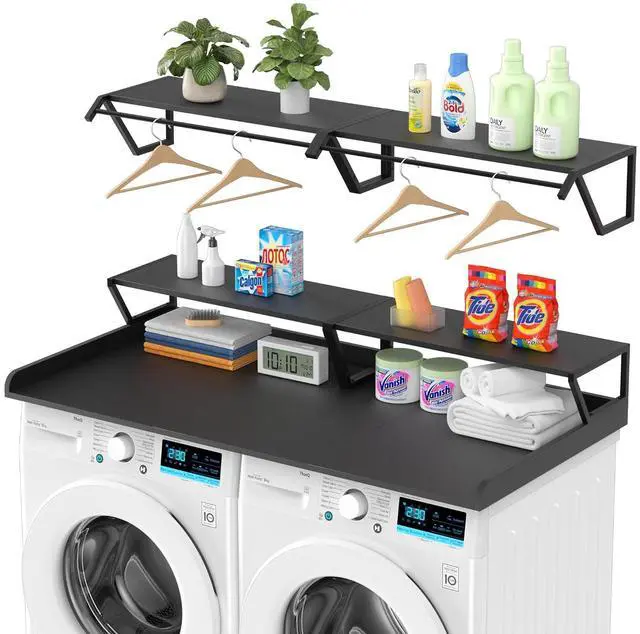 Main image of Washer Dryer Countertop with Hanging Rod, Laundry Countertop with Shelf for Laundry Room Organization, Washer Dryer Topper with Raised Edges Black