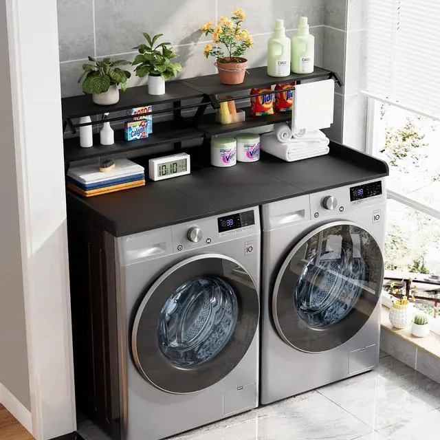 Alt view image 3 of 7 - Washer Dryer Countertop with Hanging Rod, Laundry Countertop with Shelf for Laundry Room Organization, Washer Dryer Topper with Raised Edges Black