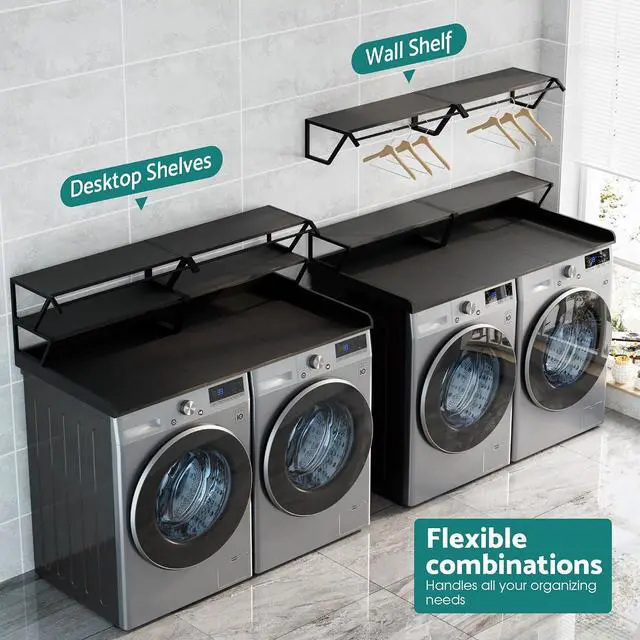 Alt view image 5 of 7 - Washer Dryer Countertop with Hanging Rod, Laundry Countertop with Shelf for Laundry Room Organization, Washer Dryer Topper with Raised Edges Black