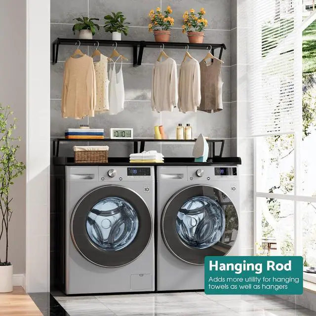 Alt view image 6 of 7 - Washer Dryer Countertop with Hanging Rod, Laundry Countertop with Shelf for Laundry Room Organization, Washer Dryer Topper with Raised Edges Black