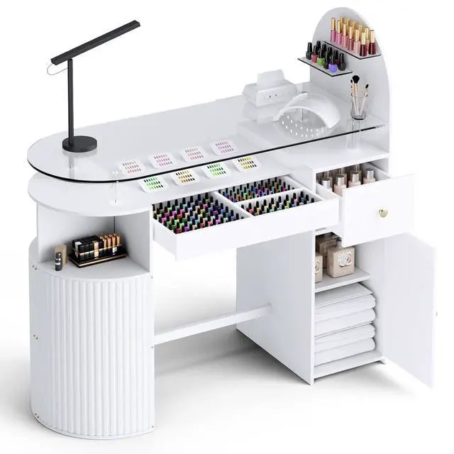 Alt view image 7 of 7 - Manicure Table Nail Station with Tempered Glass Top, Professional Nail Tech Desk with Storage Cabinet & Drawer, Acetone Resistant, for Nail Beauty Salon Workstation(White)