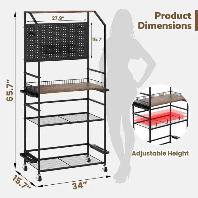 Alt view image 2 of 7 - 4-Tier Heavy Duty Fishing Rod Holders for Garage with Pegboard and Hooks, 65.7" Lockable Wheels Fishing Rod Rack Storage Up to 12 Rods, Fishing Pole Stand for Fishing Gear & Equipment