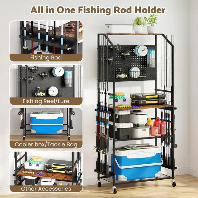 Alt view image 3 of 7 - 4-Tier Heavy Duty Fishing Rod Holders for Garage with Pegboard and Hooks, 65.7" Lockable Wheels Fishing Rod Rack Storage Up to 12 Rods, Fishing Pole Stand for Fishing Gear & Equipment