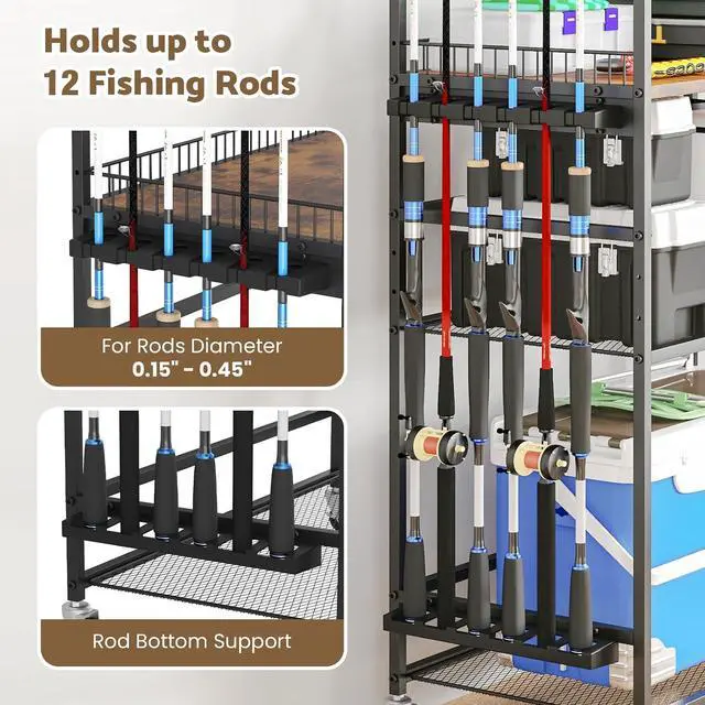 Alt view image 4 of 7 - 4-Tier Heavy Duty Fishing Rod Holders for Garage with Pegboard and Hooks, 65.7" Lockable Wheels Fishing Rod Rack Storage Up to 12 Rods, Fishing Pole Stand for Fishing Gear & Equipment
