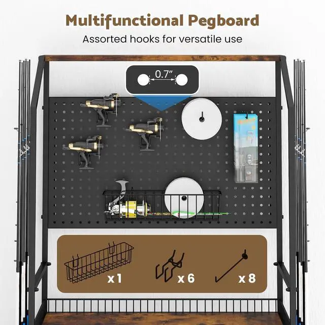 Alt view image 5 of 7 - 4-Tier Heavy Duty Fishing Rod Holders for Garage with Pegboard and Hooks, 65.7" Lockable Wheels Fishing Rod Rack Storage Up to 12 Rods, Fishing Pole Stand for Fishing Gear & Equipment