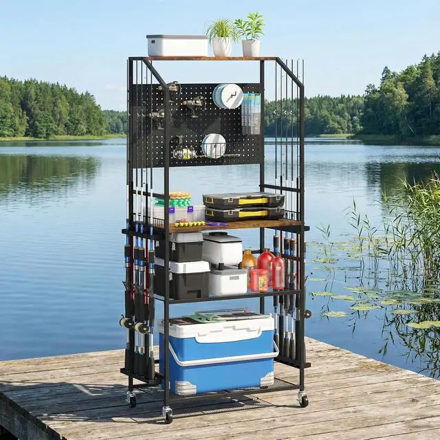 Alt view image 7 of 7 - 4-Tier Heavy Duty Fishing Rod Holders for Garage with Pegboard and Hooks, 65.7" Lockable Wheels Fishing Rod Rack Storage Up to 12 Rods, Fishing Pole Stand for Fishing Gear & Equipment