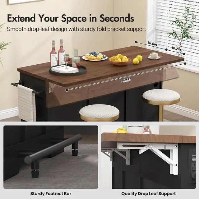 Alt view image 4 of 7 - 55" Drop Leaf Kitchen Island Table with Power Outlet, Large Stationary Breakfast Bar with Storage Drawers, Trash Cabinet, Adjustable Shelves, Towel Rod & Spice Rack (Black & Walnut)