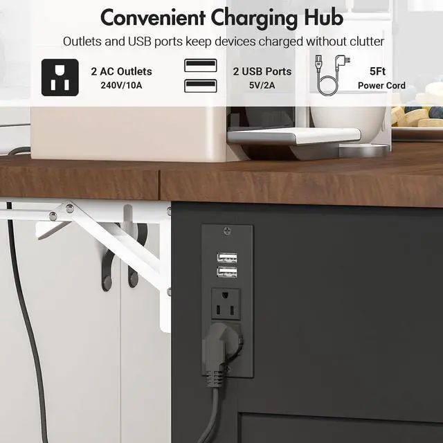 Alt view image 5 of 7 - 55" Drop Leaf Kitchen Island Table with Power Outlet, Large Stationary Breakfast Bar with Storage Drawers, Trash Cabinet, Adjustable Shelves, Towel Rod & Spice Rack (Black & Walnut)