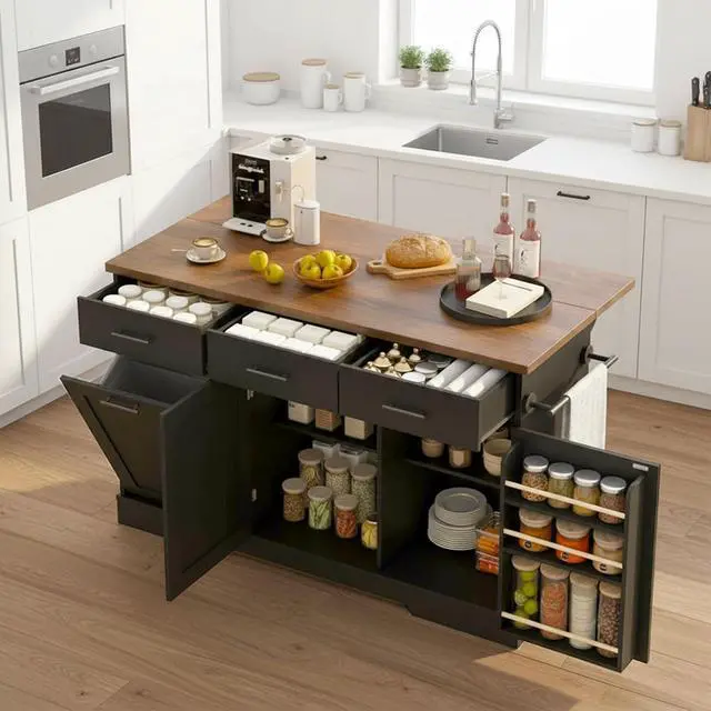 Alt view image 3 of 7 - 55" Drop Leaf Kitchen Island Table with Power Outlet, Large Stationary Breakfast Bar with Storage Drawers, Trash Cabinet, Adjustable Shelves, Towel Rod & Spice Rack (Black & Walnut)