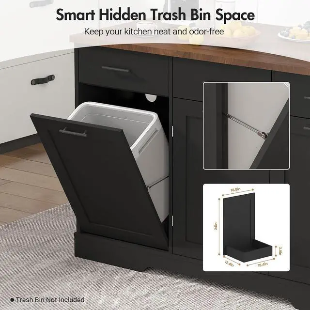 Alt view image 6 of 7 - 55" Drop Leaf Kitchen Island Table with Power Outlet, Large Stationary Breakfast Bar with Storage Drawers, Trash Cabinet, Adjustable Shelves, Towel Rod & Spice Rack (Black & Walnut)