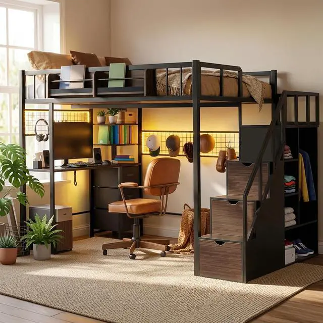 Main image of Full Size Loft Bed with Desk and Stairs, Headboard, Wardrobe, Bedside Storage Shelf, 6 Drawers, Charging Station & LED Light, Metal Gaming Loft Bed Frame for Adult Space-Saving, Black & Walnut