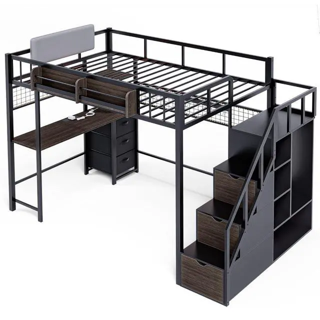 Alt view image 3 of 7 - Full Size Loft Bed with Desk and Stairs, Headboard, Wardrobe, Bedside Storage Shelf, 6 Drawers, Charging Station & LED Light, Metal Gaming Loft Bed Frame for Adult Space-Saving, Black & Walnut