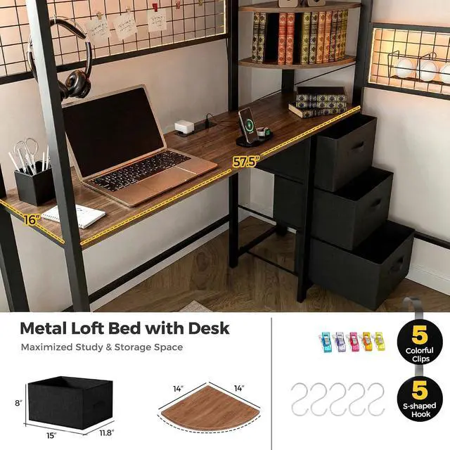 Alt view image 5 of 7 - Full Size Loft Bed with Desk and Stairs, Headboard, Wardrobe, Bedside Storage Shelf, 6 Drawers, Charging Station & LED Light, Metal Gaming Loft Bed Frame for Adult Space-Saving, Black & Walnut