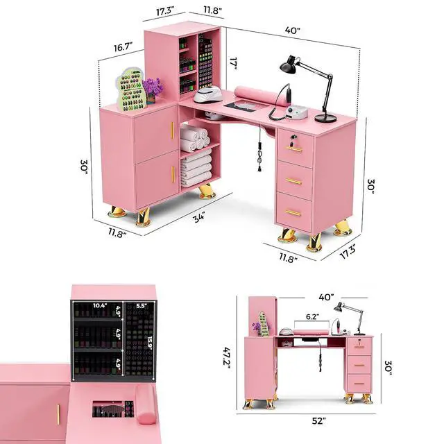 Alt view image 2 of 7 - Manicure Table Nail Station w/Dust Collector - L-Shaped Nail Tech Table with Shelves, Storage Cabinets, Drawers, Metal Handles & Legs, Salon Wrist Rest, Beauty Salon Workstation Decor (Pink)