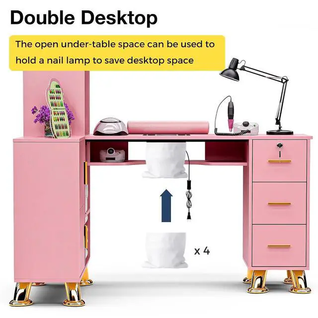 Alt view image 4 of 7 - Manicure Table Nail Station w/Dust Collector - L-Shaped Nail Tech Table with Shelves, Storage Cabinets, Drawers, Metal Handles & Legs, Salon Wrist Rest, Beauty Salon Workstation Decor (Pink)