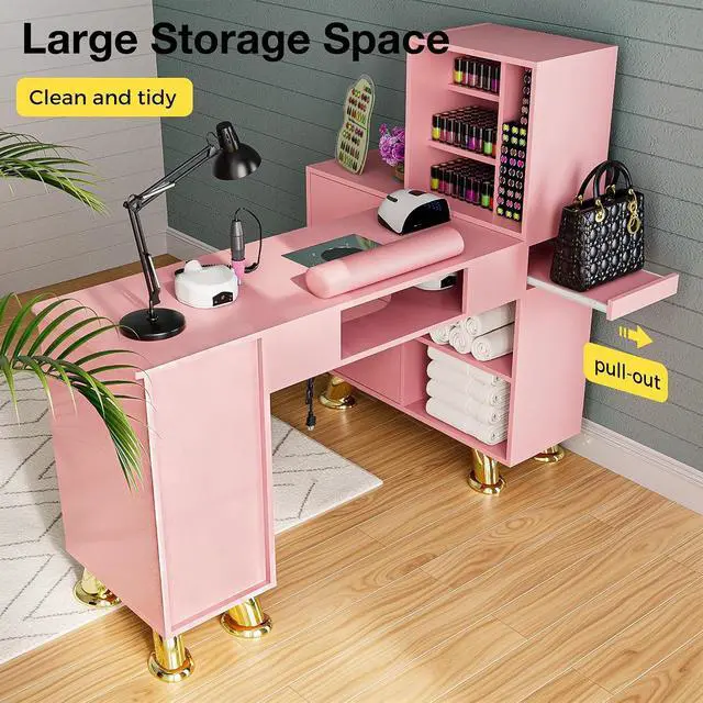 Alt view image 3 of 7 - Manicure Table Nail Station w/Dust Collector - L-Shaped Nail Tech Table with Shelves, Storage Cabinets, Drawers, Metal Handles & Legs, Salon Wrist Rest, Beauty Salon Workstation Decor (Pink)