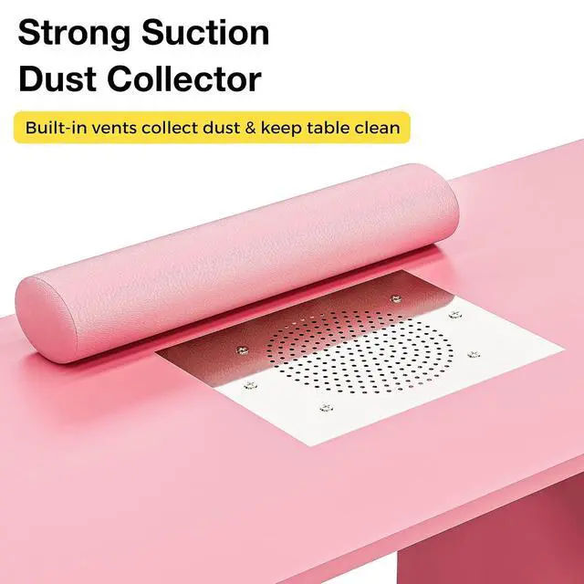 Alt view image 5 of 7 - Manicure Table Nail Station w/Dust Collector - L-Shaped Nail Tech Table with Shelves, Storage Cabinets, Drawers, Metal Handles & Legs, Salon Wrist Rest, Beauty Salon Workstation Decor (Pink)
