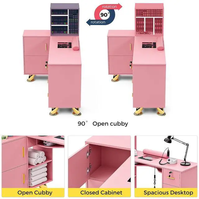 Alt view image 6 of 7 - Manicure Table Nail Station w/Dust Collector - L-Shaped Nail Tech Table with Shelves, Storage Cabinets, Drawers, Metal Handles & Legs, Salon Wrist Rest, Beauty Salon Workstation Decor (Pink)