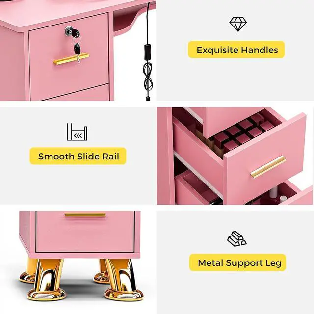 Alt view image 7 of 7 - Manicure Table Nail Station w/Dust Collector - L-Shaped Nail Tech Table with Shelves, Storage Cabinets, Drawers, Metal Handles & Legs, Salon Wrist Rest, Beauty Salon Workstation Decor (Pink)