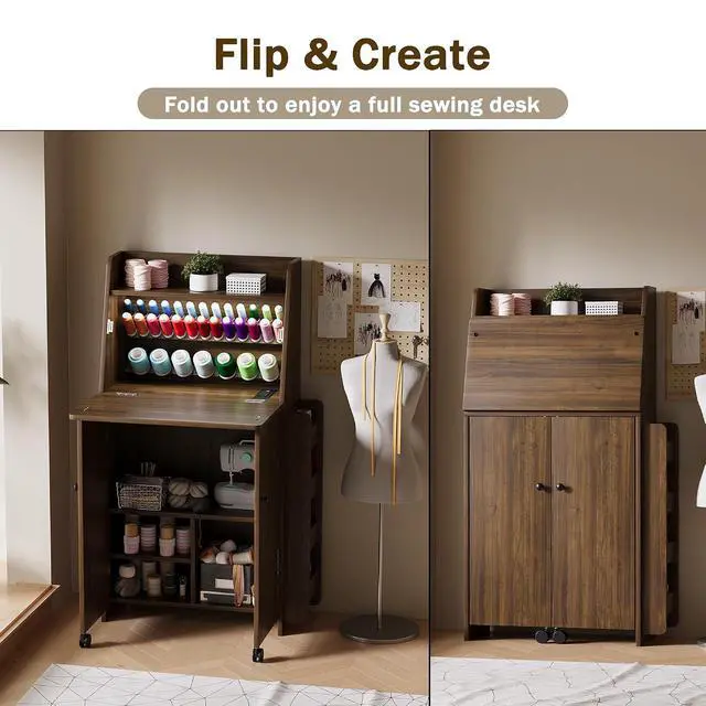 Alt view image 3 of 7 - Foldable Sewing Machine Cabinet, Sewing Table with Storage for Small Spaces | 33-Spool Thread Organizer, Adjustable LED Lighting, USB & AC Charging Station, Foldable Space Saving Design, Storage Shelv