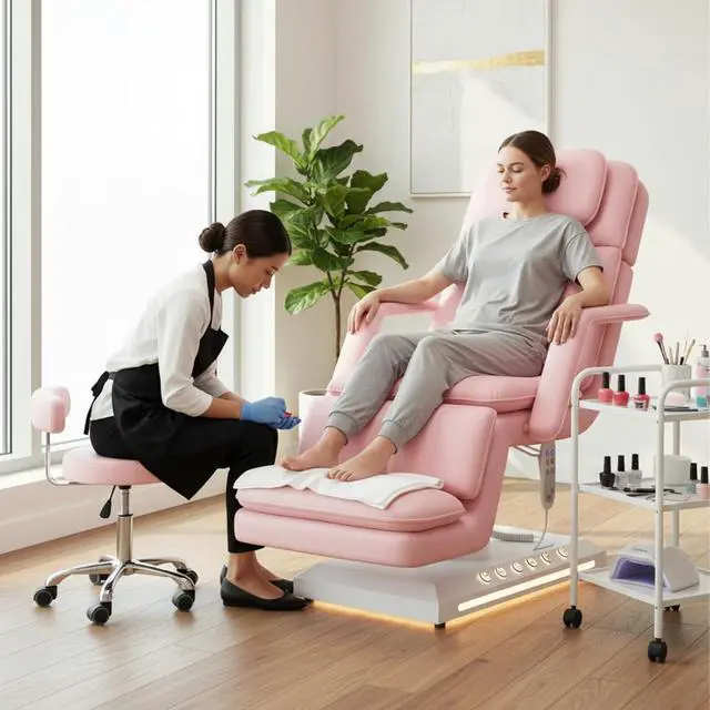 Alt view image 2 of 7 - Electric Massage Table w/Stool, 3 Motor Professional Spa Bed, Foot Pedal & Remote Control, Height Adjustable Wide Facial Table for Salon & Spa (Pink | with Rolling Stool)