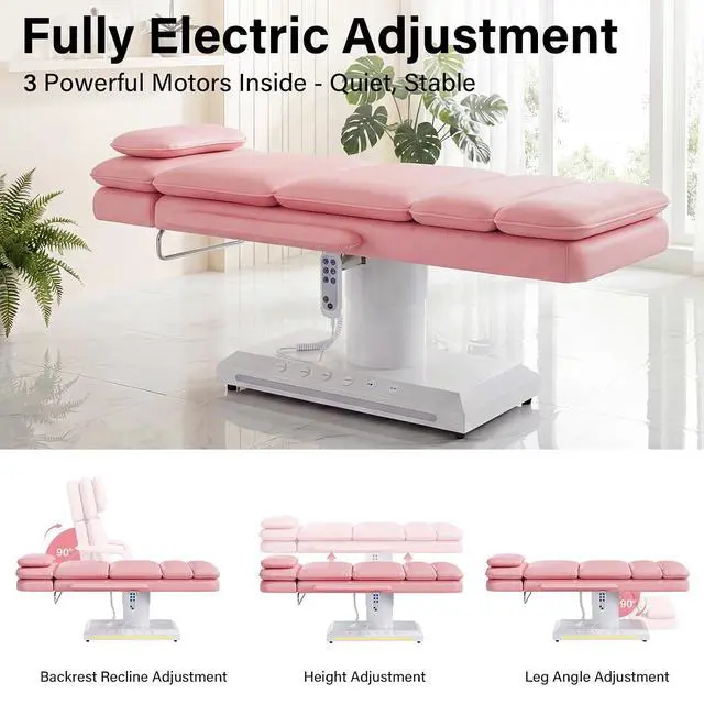 Alt view image 3 of 7 - Electric Massage Table w/Stool, 3 Motor Professional Spa Bed, Foot Pedal & Remote Control, Height Adjustable Wide Facial Table for Salon & Spa (Pink | with Rolling Stool)