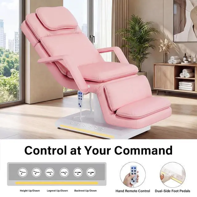Alt view image 4 of 7 - Electric Massage Table w/Stool, 3 Motor Professional Spa Bed, Foot Pedal & Remote Control, Height Adjustable Wide Facial Table for Salon & Spa (Pink | with Rolling Stool)