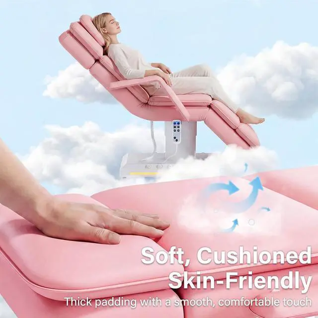 Alt view image 5 of 7 - Electric Massage Table w/Stool, 3 Motor Professional Spa Bed, Foot Pedal & Remote Control, Height Adjustable Wide Facial Table for Salon & Spa (Pink | with Rolling Stool)