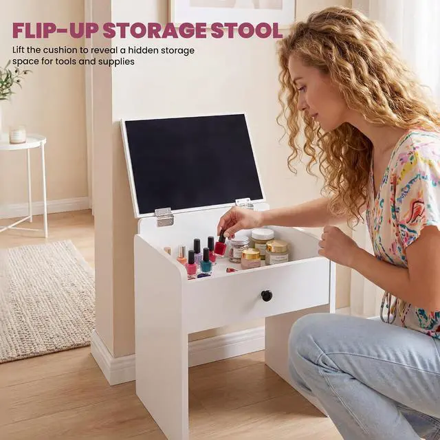 Alt view image 7 of 7 - Nail Desk & Storage Stool Set for Nail Tech, Manicure Table w/Electric Dust Collector, LED Lights, Rolling Wheels, Hidden Storage Seat, Acetone Resistant, Professional Salon Workstation (White)