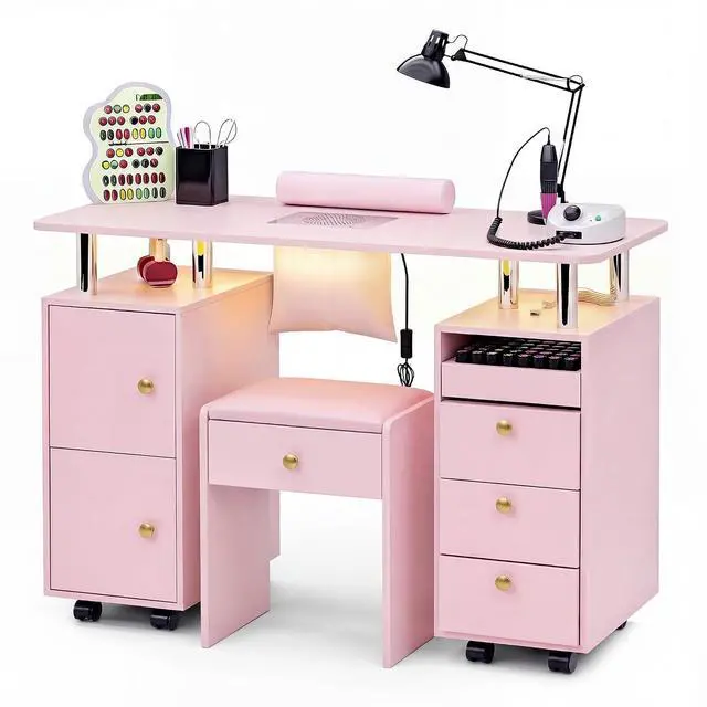 Main image of Nail Desk & Storage Stool Set for Nail Tech, Manicure Table w/Electric Dust Collector, LED Lights, Rolling Wheels, Hidden Storage Seat, Acetone Resistant, Professional Salon Workstation (Pink)