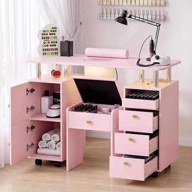 Alt view image 2 of 7 - Nail Desk & Storage Stool Set for Nail Tech, Manicure Table w/Electric Dust Collector, LED Lights, Rolling Wheels, Hidden Storage Seat, Acetone Resistant, Professional Salon Workstation (Pink)