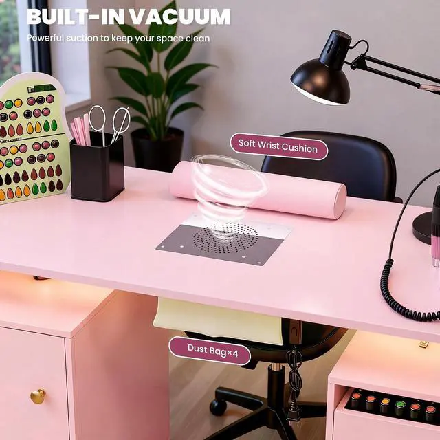 Alt view image 3 of 7 - Nail Desk & Storage Stool Set for Nail Tech, Manicure Table w/Electric Dust Collector, LED Lights, Rolling Wheels, Hidden Storage Seat, Acetone Resistant, Professional Salon Workstation (Pink)